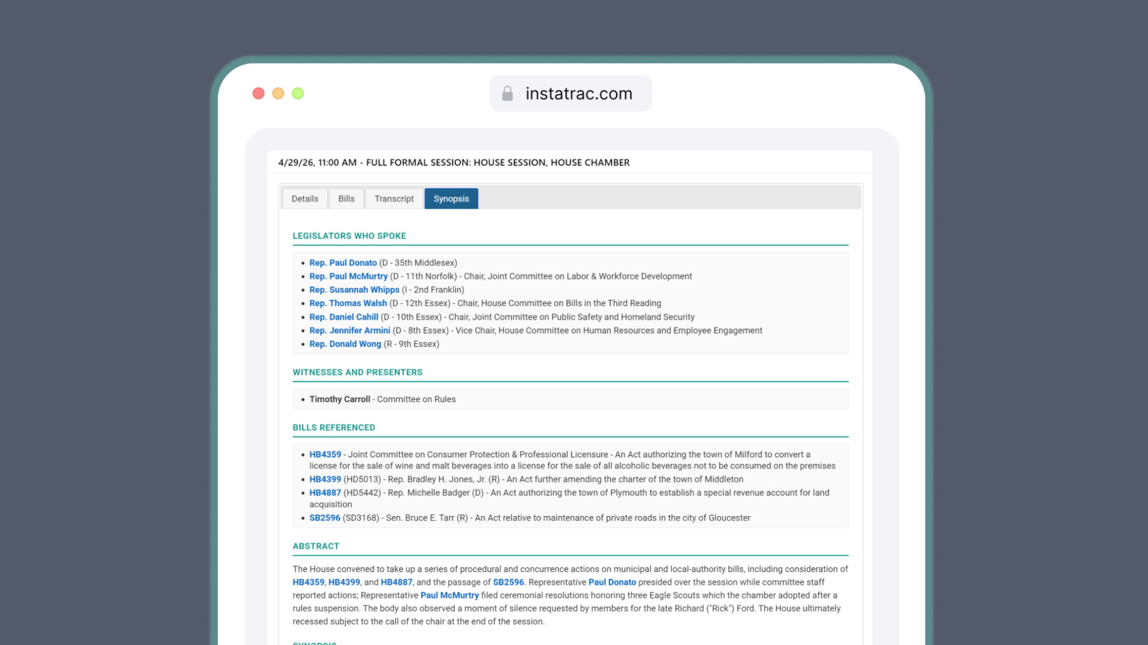 MassTrac Synopsis tab showing legislators who spoke, witnesses and presenters, bills referenced, abstract, and AI-generated synopsis for April 29, 2026 House formal session
