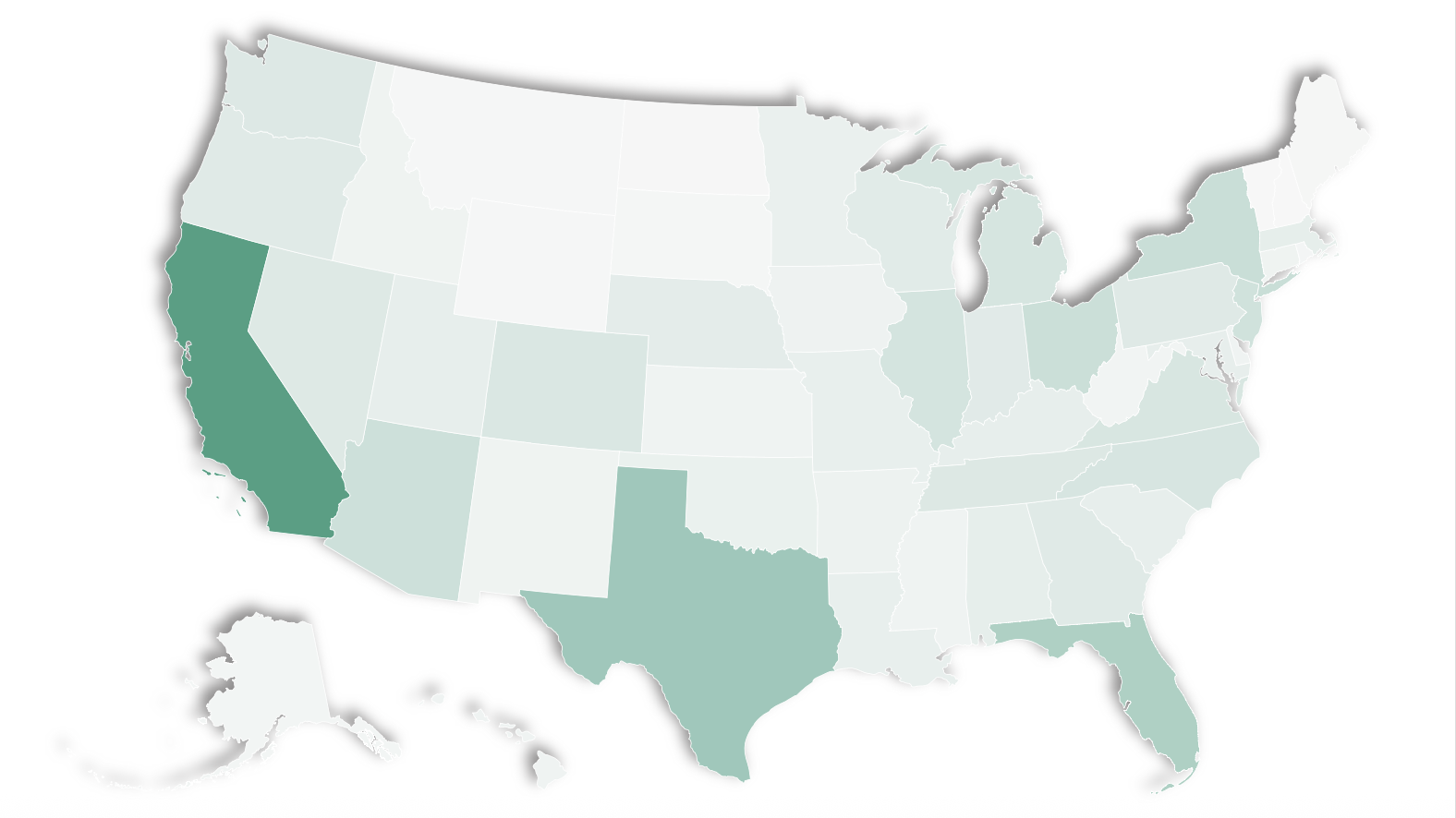 Choropleth map of the U.S. showing legislators per capita by state. California and Texas are darkest, indicating the fewest legislators per capita, while most other states appear in lighter shades of teal.