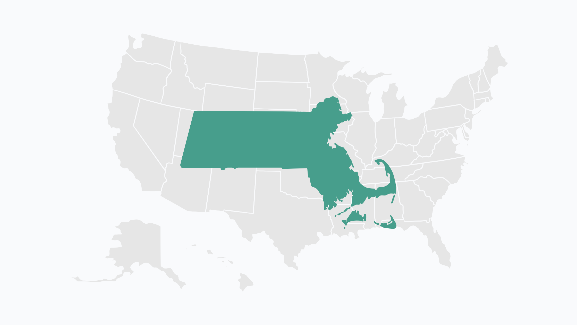 A vibrant teal vector shape of Massachusetts positioned prominently over a muted, greyed-out map of the United States, illustrating a specialized focus on state-specific legislative intelligence.