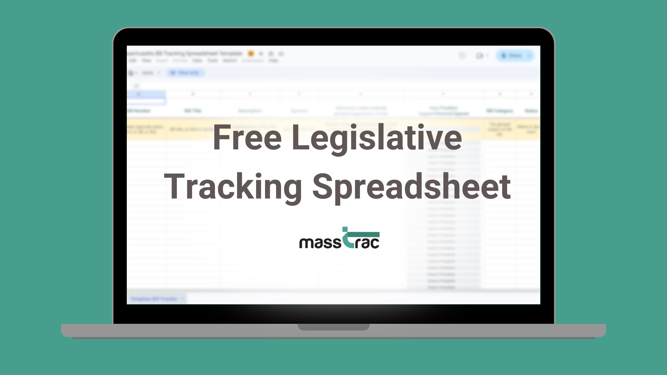 Laptop screen displaying a Free Legislative Tracking Spreadsheet template by MassTrac for Massachusetts bill tracking.