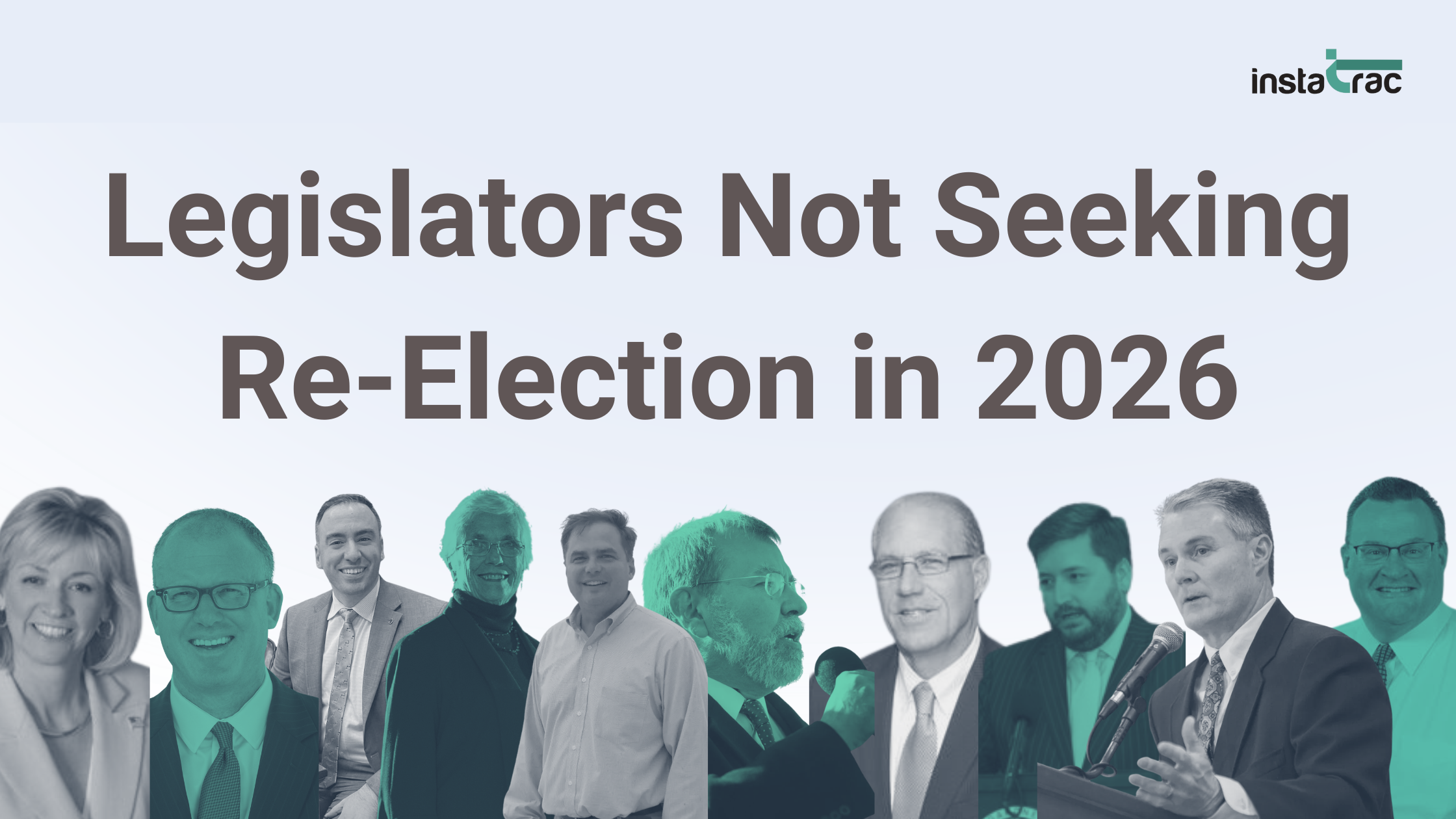 Graphic titled "Legislators Not Seeking Re-Election in 2026" featuring portraits of Massachusetts state lawmakers, created by InstaTrac.