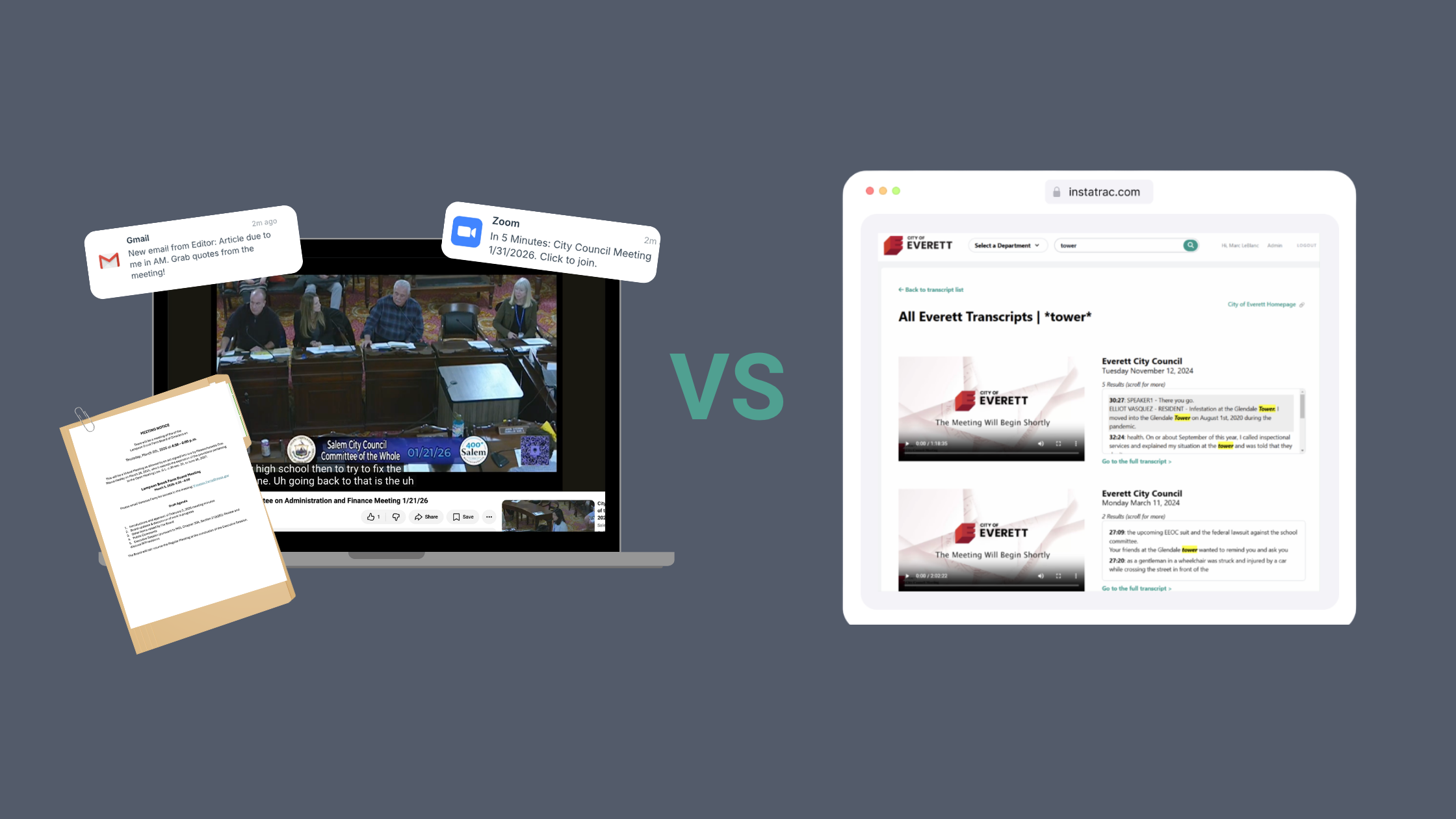 Comparison showing notifications and manual updates on one side versus MuniTrac, a streamlined service that performs the same work more efficiently, on the other.