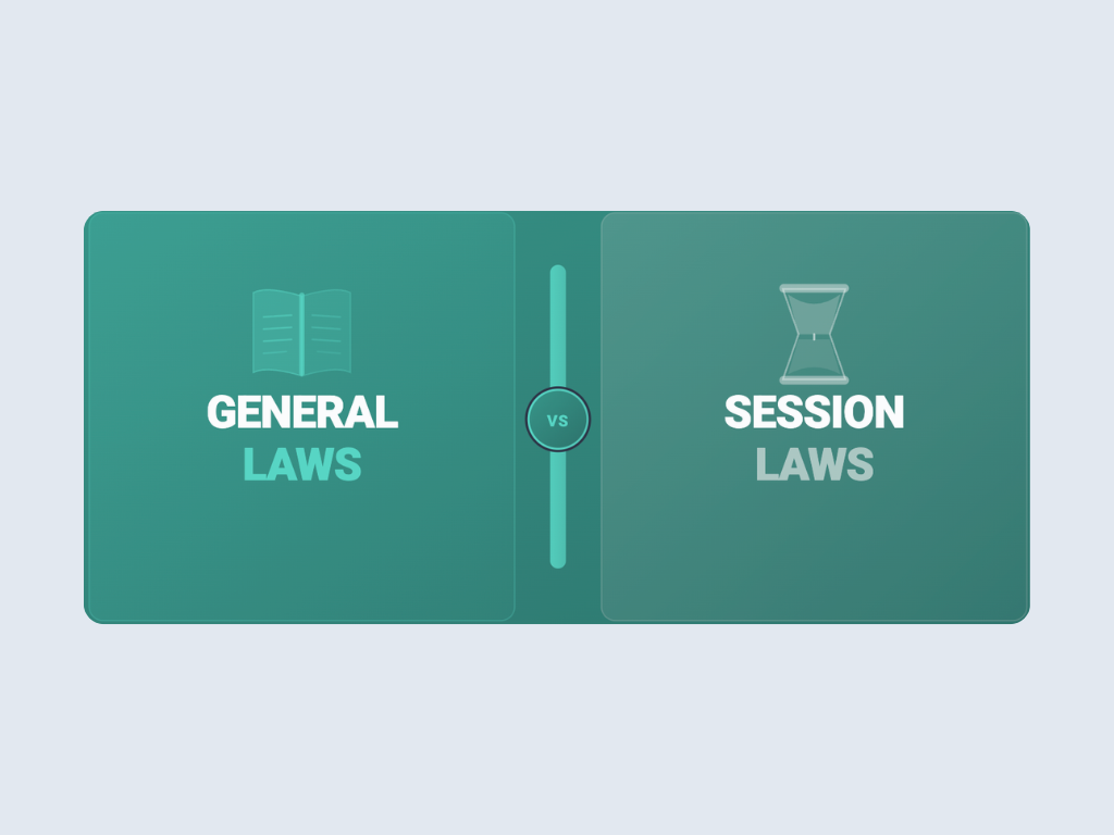 A graphic that says "General Laws vs. Session Laws"