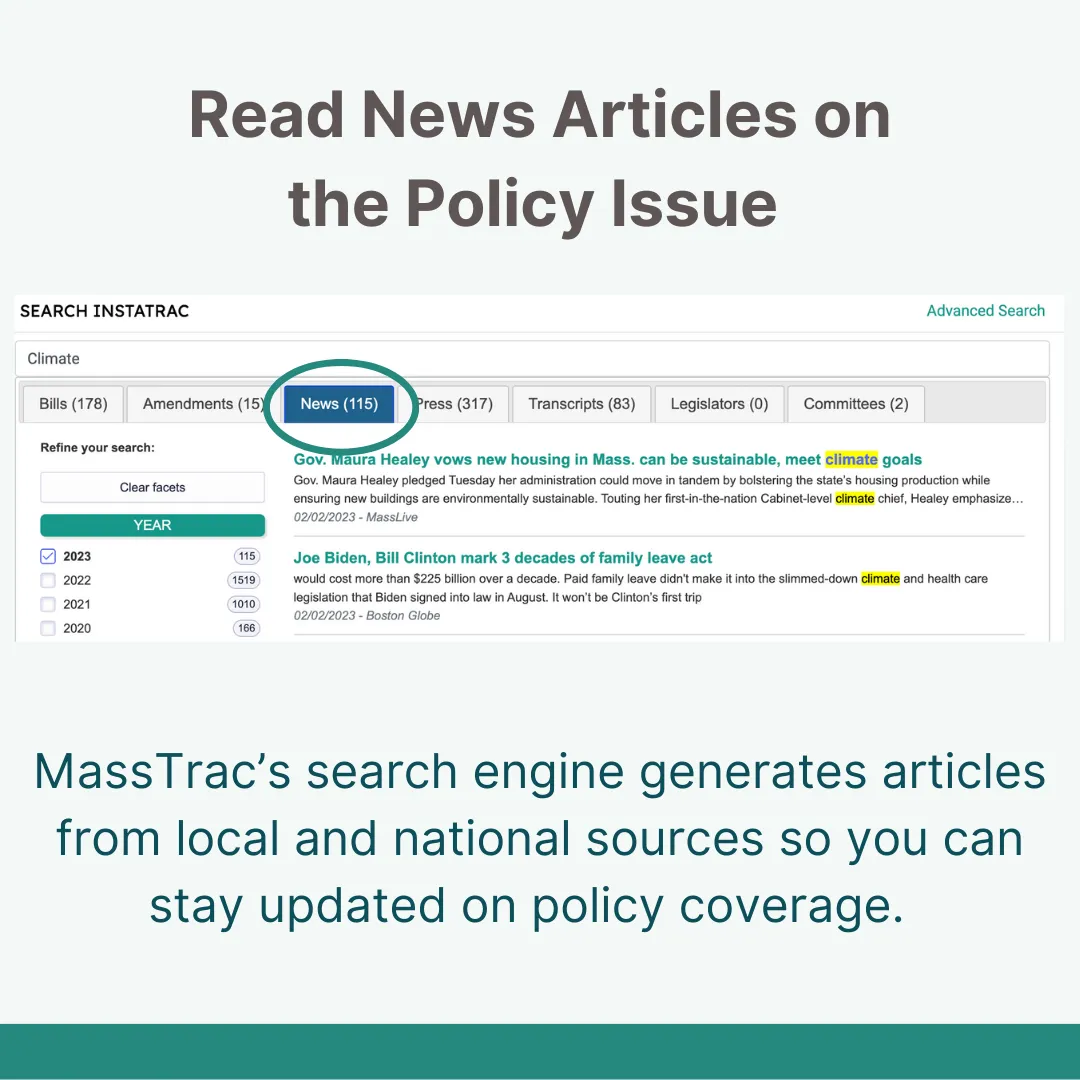 MassTrac search results screenshot showing 115 news articles on 'Climate,' with text 'MassTrac's search engine generates articles from local and national sources so you can stay updated on policy coverage.