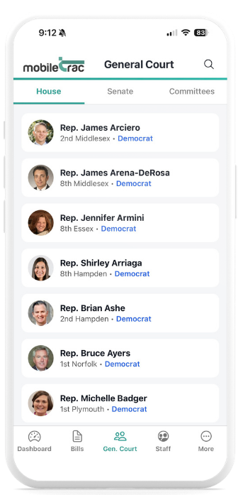 MobileTrac General Court tab Massachusetts House Representatives legislator profiles names districts party affiliation Beacon Hill contacts.