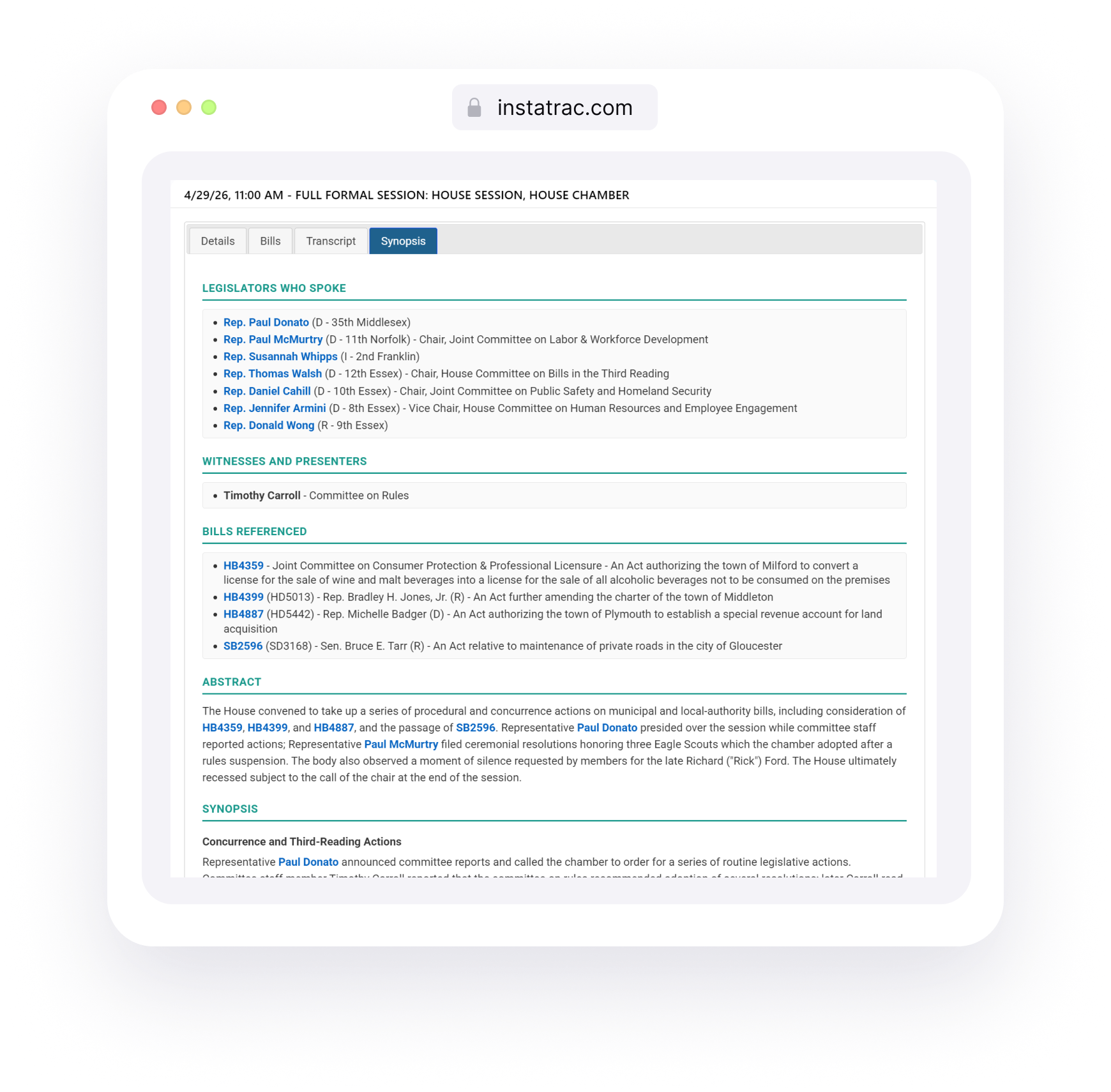 MassTrac Synopsis tab showing legislators who spoke, witnesses and presenters, bills referenced, abstract, and AI-generated synopsis for April 29, 2026 House formal session