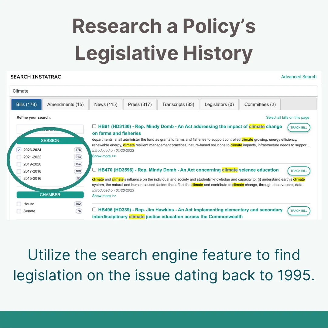 MassTrac search results screenshot showing 178 climate-related bills filterable by session back to 1995, with text 'Utilize the search engine feature to find legislation on the issue dating back to 1995.