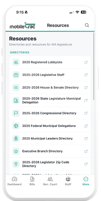 MobileTrac Resources tab Massachusetts legislature directories registered lobbyists legislative staff House Senate state municipal delegation congressional directory Beacon Hill.