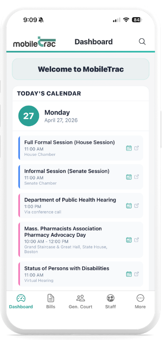 MobileTrac mobile app dashboard Massachusetts legislative tracking real-time bill alerts House Senate committee hearings Beacon Hill calendar notifications