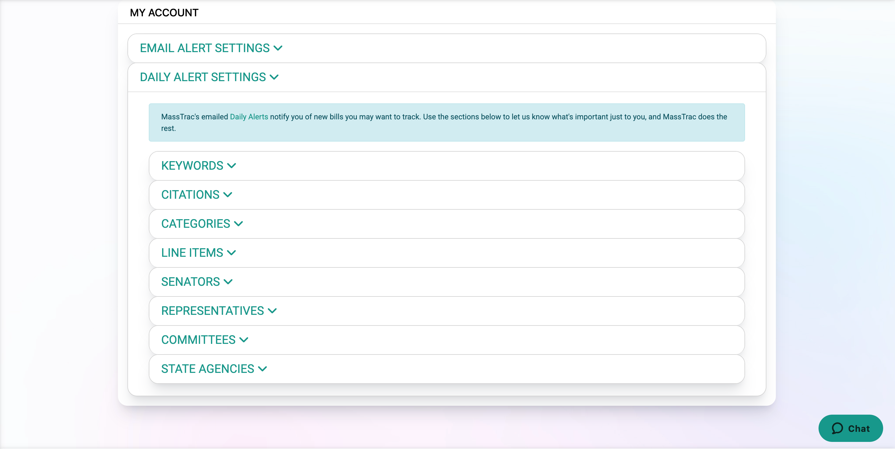 The Daily Alert portion of MassTrac user settings, where you can select the legislative activity that matters to you.
