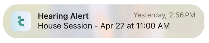 MobileTrac push notification hearing alert House Session April 27 real-time bill tracking Beacon Hill Massachusetts legislative notifications.