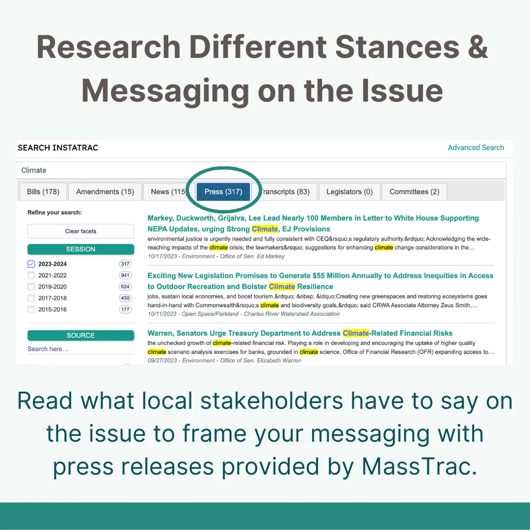 MassTrac Press tab screenshot showing 317 climate-related press releases from stakeholders including Sens. Markey and Warren, with text 'Read what local stakeholders have to say on the issue to frame your messaging.
