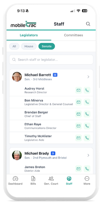 MobileTrac Staff tab Massachusetts Senate legislators staff directory contact information phone email legislative aides Beacon Hill.