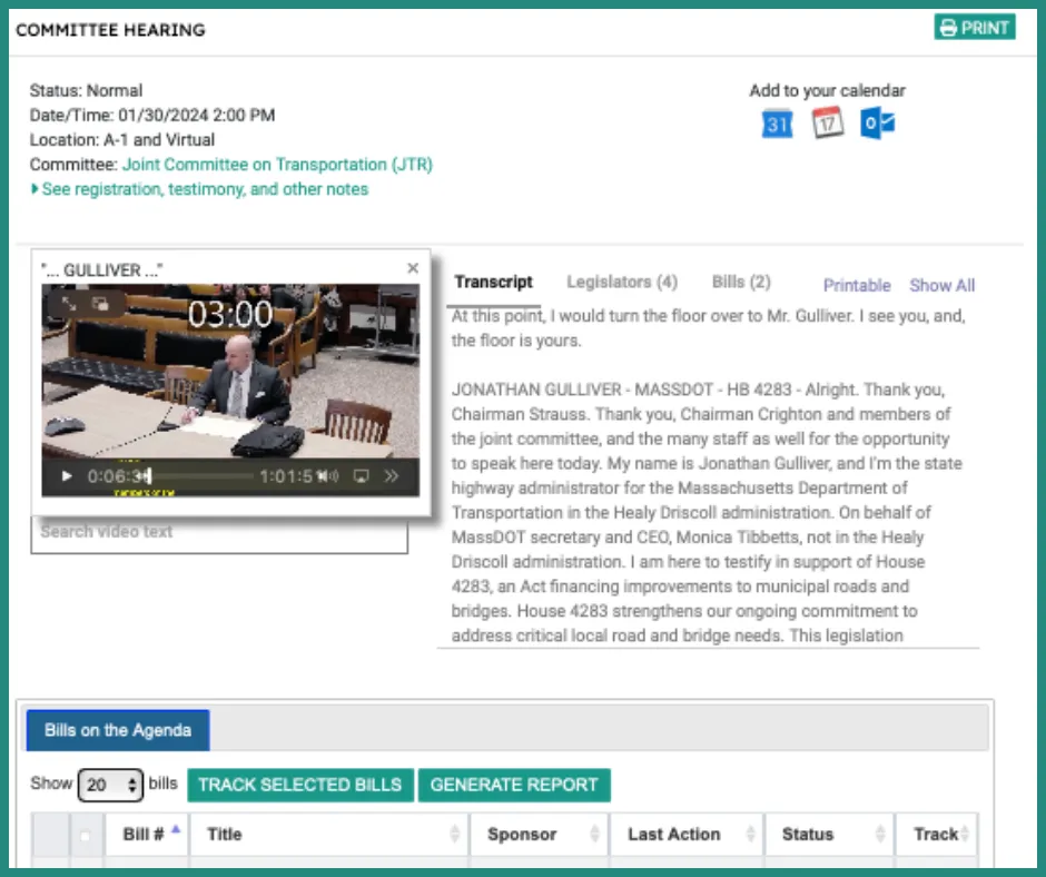 MassTrac committee hearing page for the Joint Committee on Transportation showing a synced video transcript of MassDOT Administrator Jonathan Gulliver testifying on HB4283, with bills on the agenda and calendar integration.