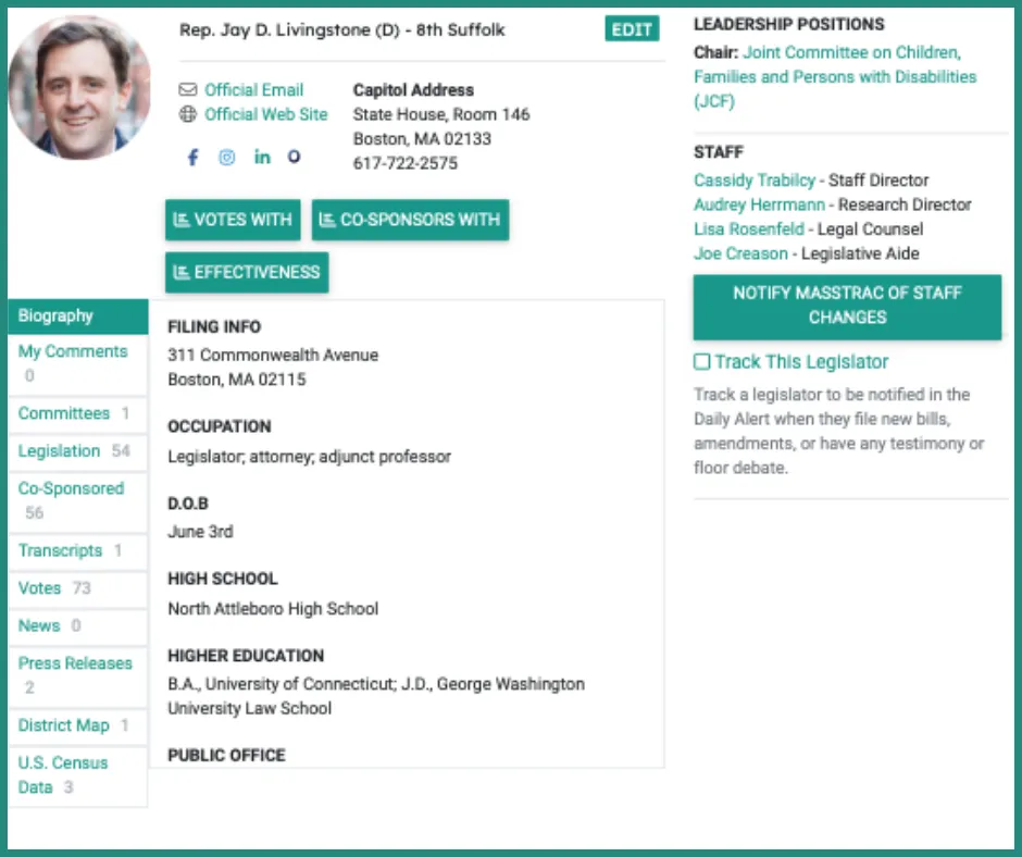 MassTrac legislator profile page for Rep. Jay D. Livingstone (D-8th Suffolk) showing biography, committee assignments, staff directory, voting record, co-sponsored bills, and a Track This Legislator option.