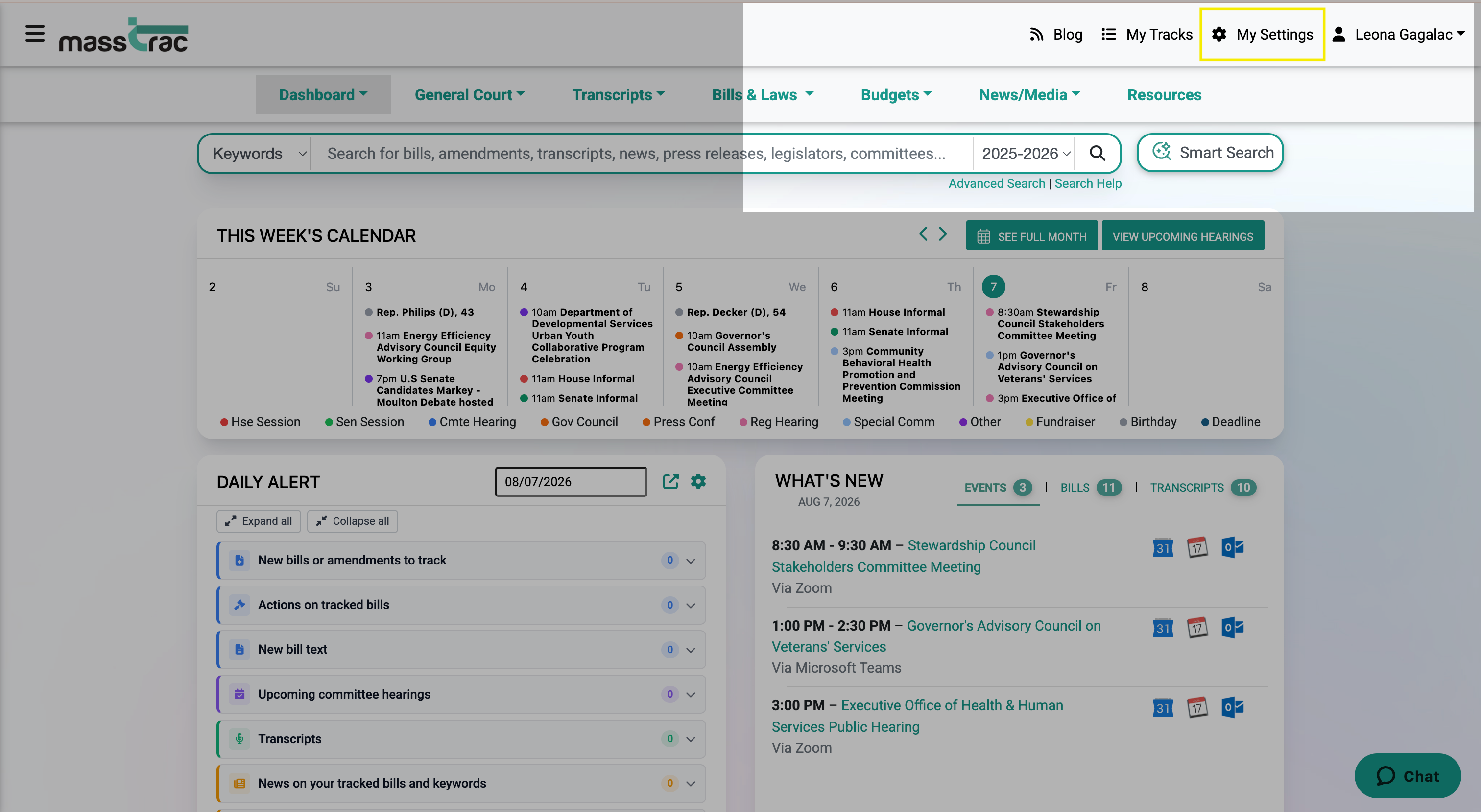 MassTrac homepage, highlighting the top right tool-bar that takes you to settings.