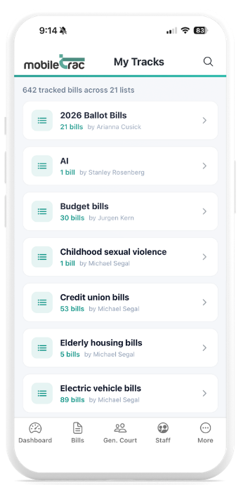 11:23 AMClaude responded: MobileTrac My Tracks tab bill tracking lists Massachusetts legislation budget bills AI electric vehicle childhood sexual violence credit union elderly housing &hellip;MobileTrac My Tracks tab bill tracking lists Massachusetts legislation budget bills AI electric vehicle childhood sexual violence credit union elderly housing tracked bills.